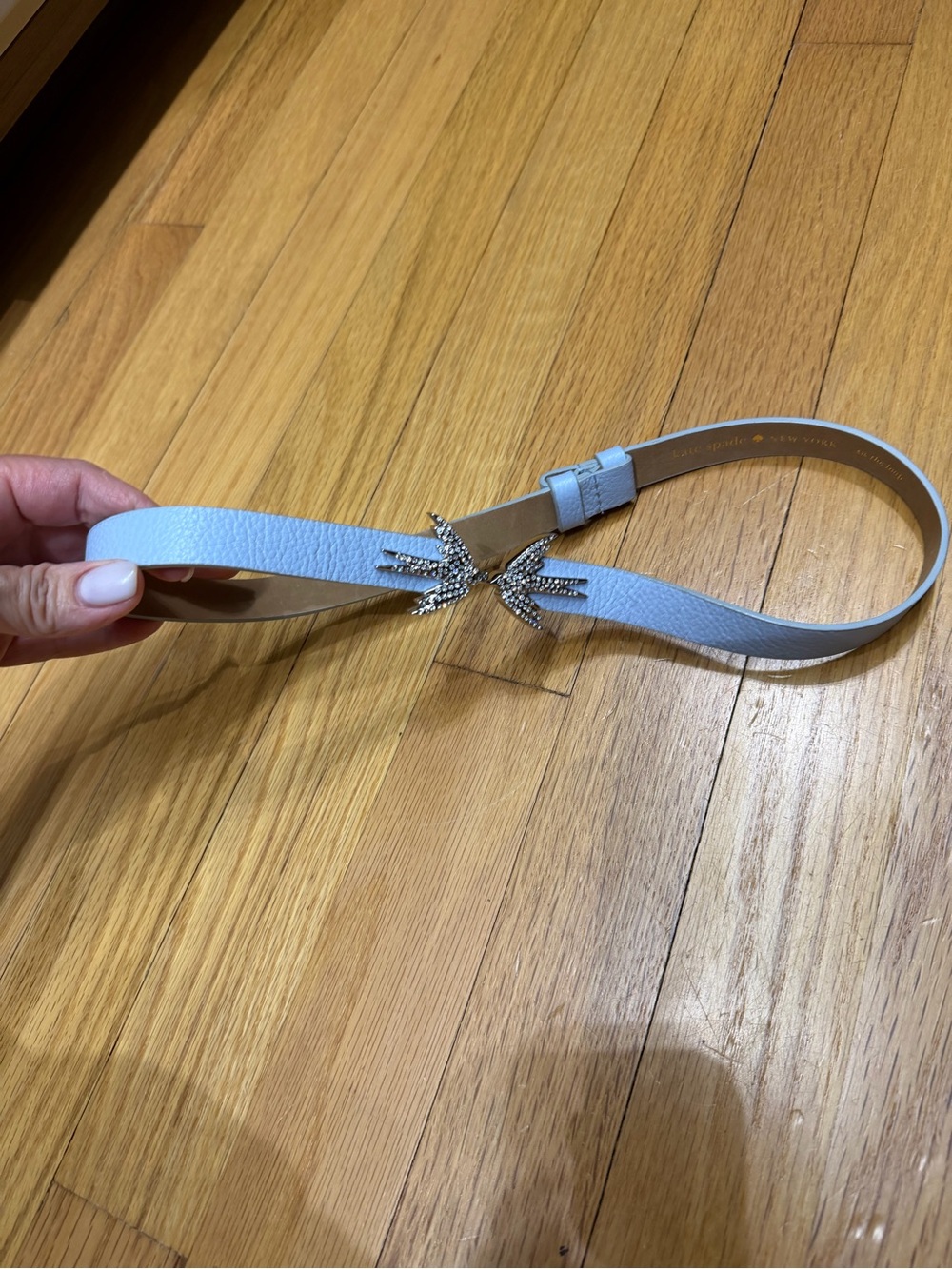 kate spade light blue leather belt with crystal starburst buckle